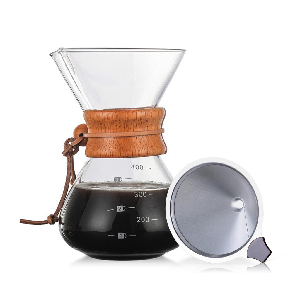 Pour Over Coffee Maker 27oz Paperless Glass Carafe with Stainless Steel Filter Reusable Glass
