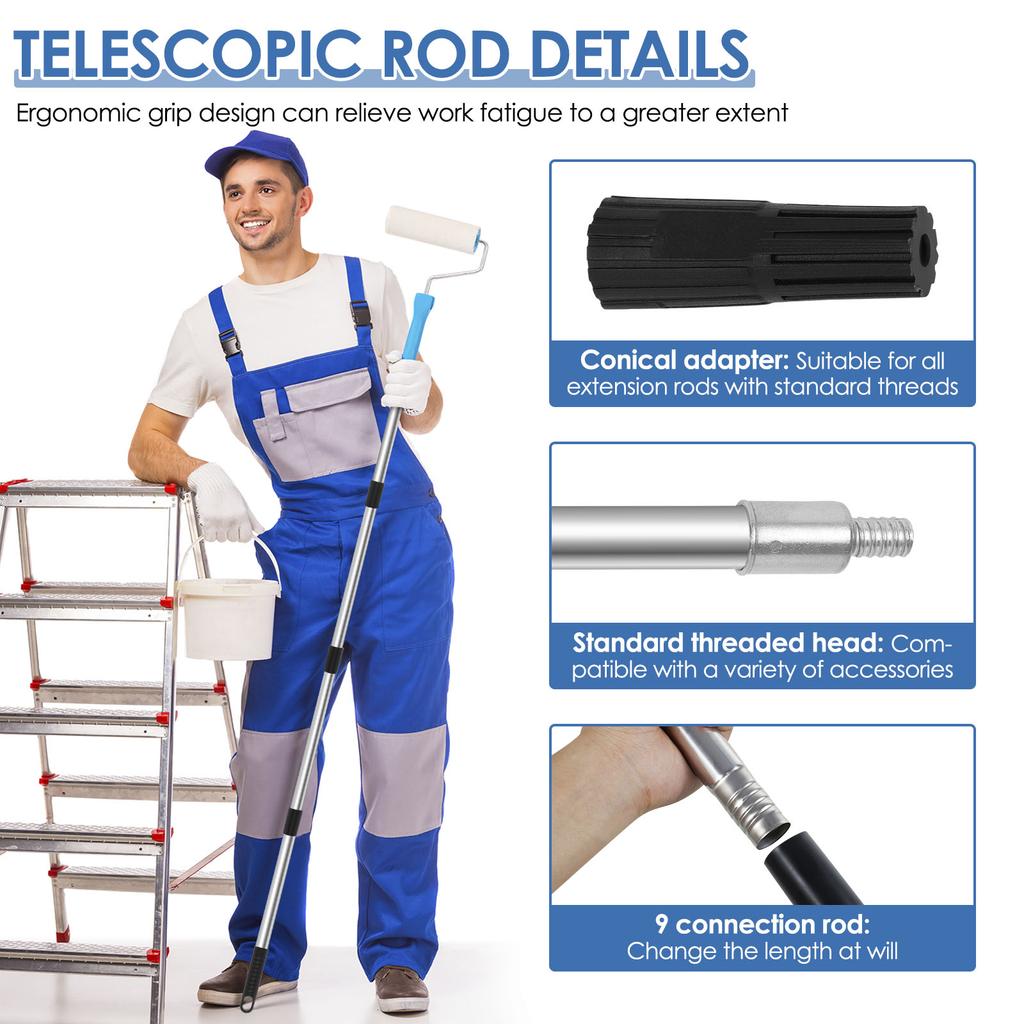10.83ft Paint Roller Extension Pole with Tapered Adapter 9 Segmented Lightweight Stainless Steel Extension Pole for Painting and