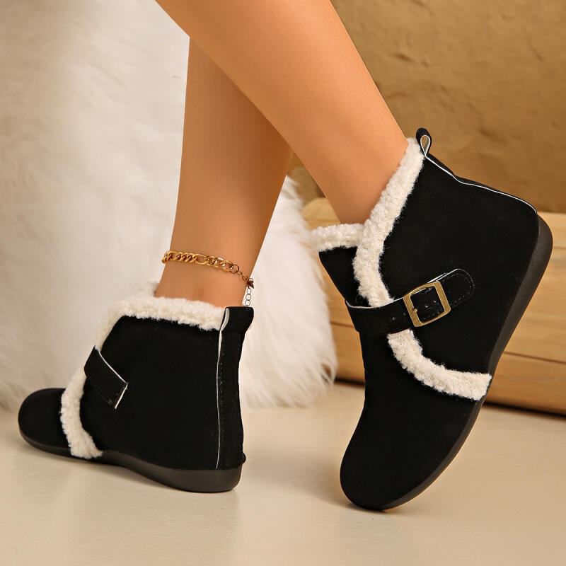 Warm Short Plush Suede Snow Boots Women 2025 Winter Metal Buckle Fluffy Fur Ankle Boots Furry Flat Heel Casual Shoes Plus Size
