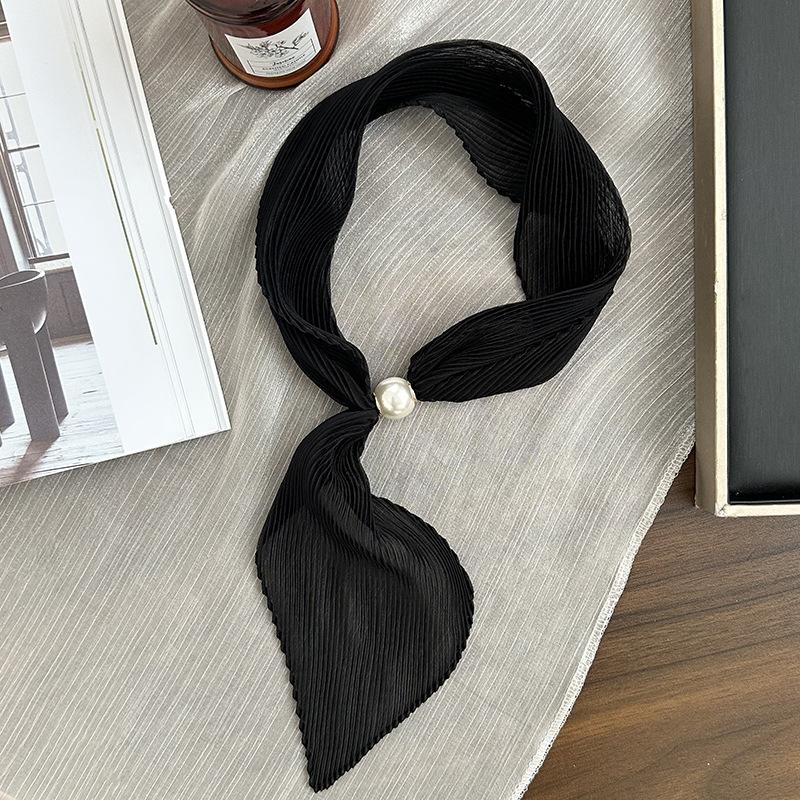 Pearl Magnetic Silk Scarf High-end New Versatile Solid Color Pleated Silk Scarf with Shirt Neck Protector Scarf