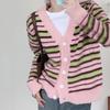 Женский милый однобортный полосатый кардиган, пальто, повседневный утолщенный теплый свитер с V-образным вырезом, осенне-зимняя термовязаная куртка