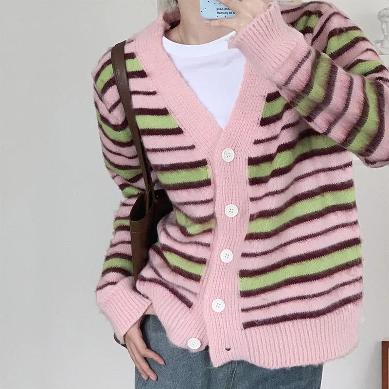 Женский милый однобортный полосатый кардиган, пальто, повседневный утолщенный теплый свитер с V-образным вырезом, осенне-зимняя термовязаная куртка