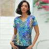 Женская синяя футболка с v-образным вырезом и короткими рукавами, с цветочным принтом, свободная футболка, повседневная рубашка