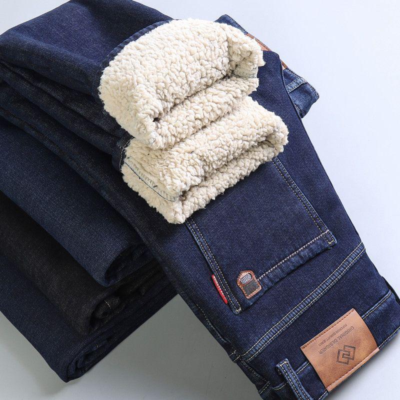 Мужские эластичные прямые утолщенные джинсы с бархатной подкладкой для осени и зимы