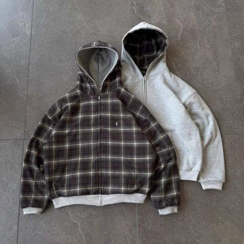 Mens Reversible Hooded Cardigan Sweatshirt American Vintage Style Loose Fit Casual Wear