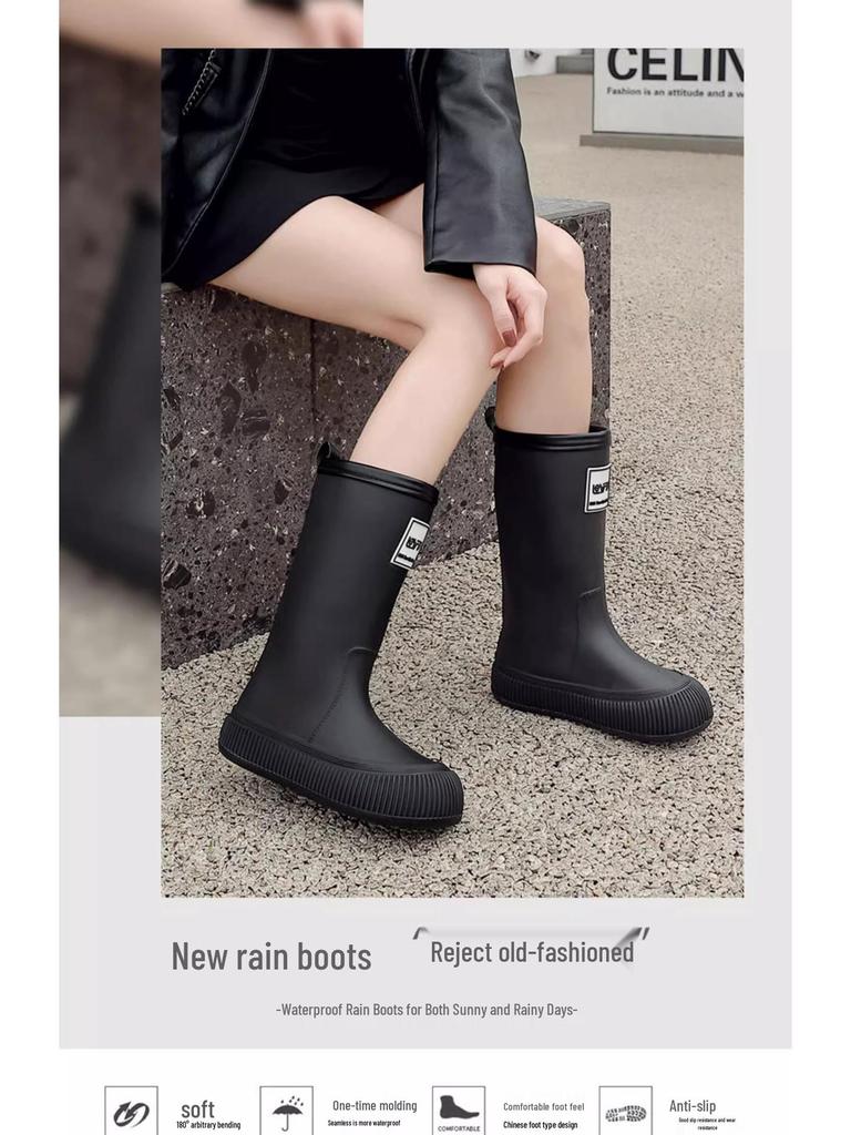 Женские высокие резиновые сапоги в японском стиле с флисовой подкладкой, водонепроницаемые - Нескользящие, легкие и износостойкие.