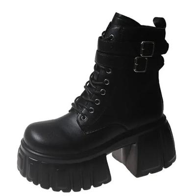 Модные весенние черные кожаные ботильоны женские осенние туфли на высокой платформе женские каблуки массивные мотоботы ботильоны Mujer