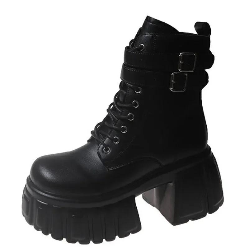 Модные весенние черные кожаные ботильоны женские осенние туфли на высокой платформе женские каблуки массивные мотоботы ботильоны Mujer