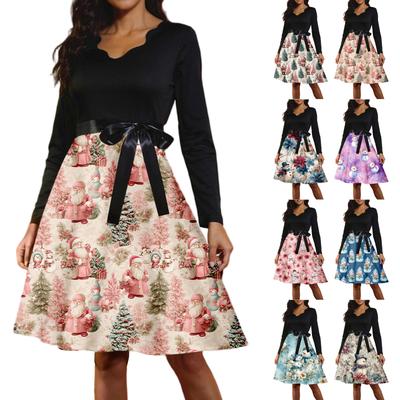 Женские повседневные модные длинные платья с рождественским графическим принтом и длинными рукавами в винтажном стиле