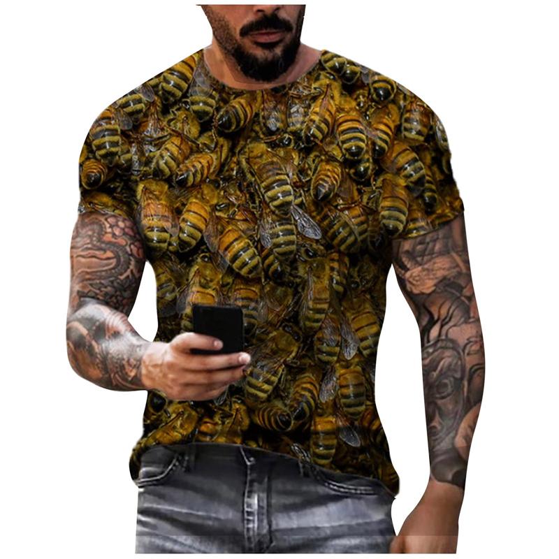 Summer Round Neck Honey Bee 3D Print Top Fashionable Casual Short Sleeved Men's T-shirts