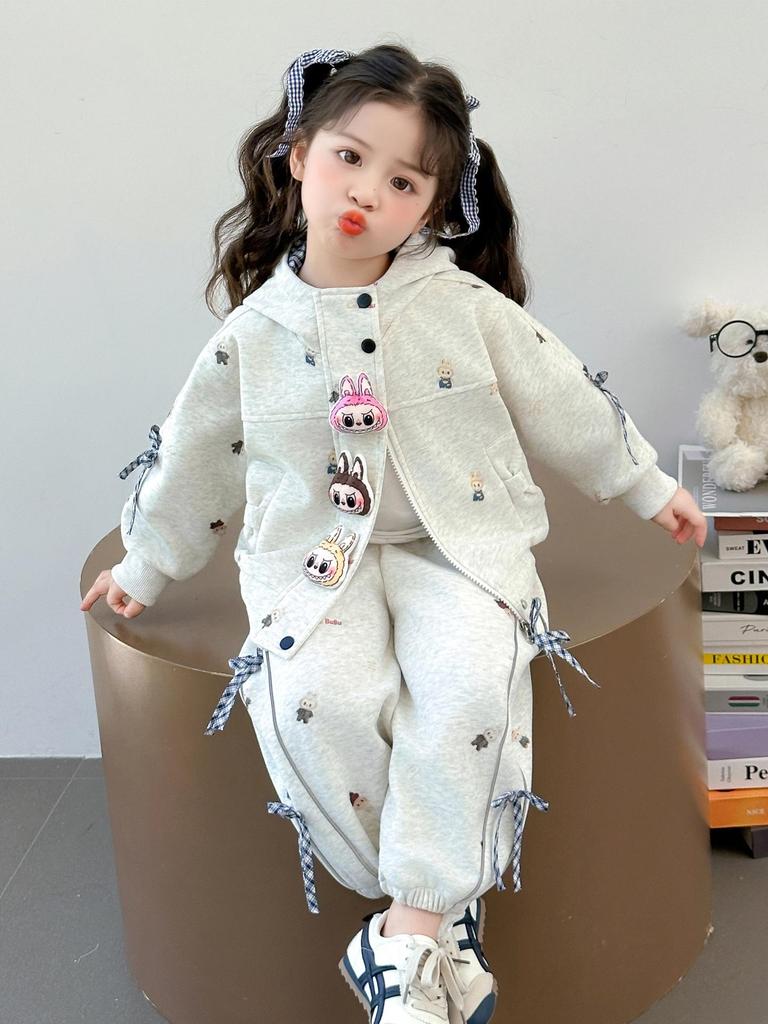 Комплект мультяшной куртки для девочек в корейском стиле: Трендовая спортивная одежда с длинным рукавом и бантом для весны и осени