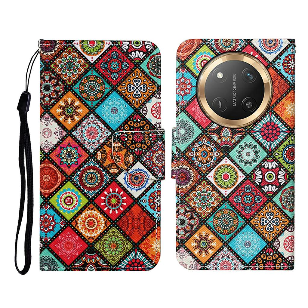 For Honor X60 Pro 5G/X9c 5G/Magic7 Lite 5G Case Pattern Printing Protective Leather Folio Phone Cover with Wrist Strap