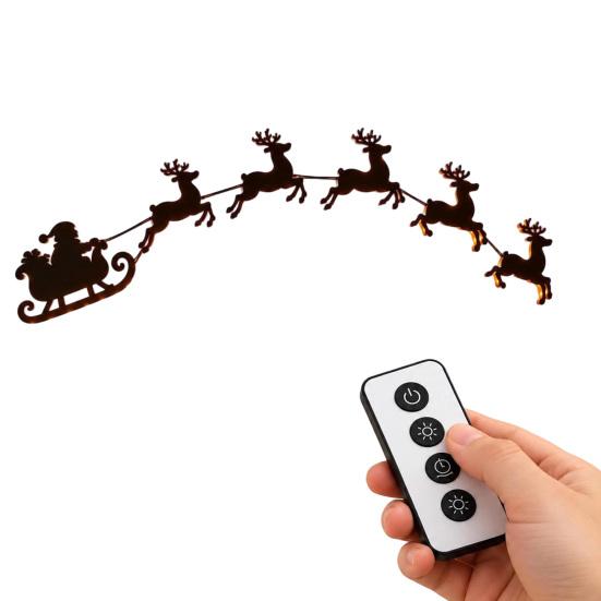 Holiday Gift for Family Lighted Santa Sleigh Reindeer Christmas Wall Decor with Remote, 3D Light Up Wood Peel Indoor Decoration And Stick Entryway