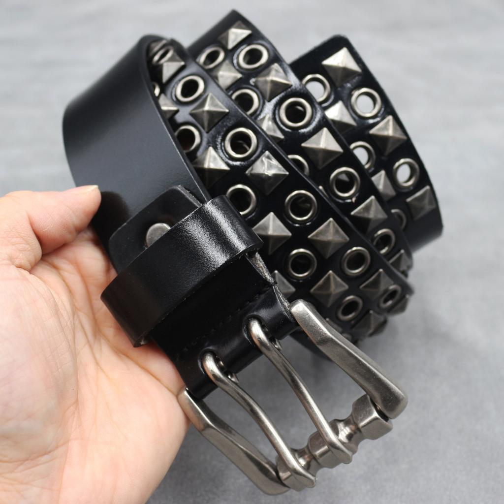 Design Punk Car Eye Hollow Rivet Men's Real Cowhide Belt Nightclub Women's Double Pin Buckle Belt