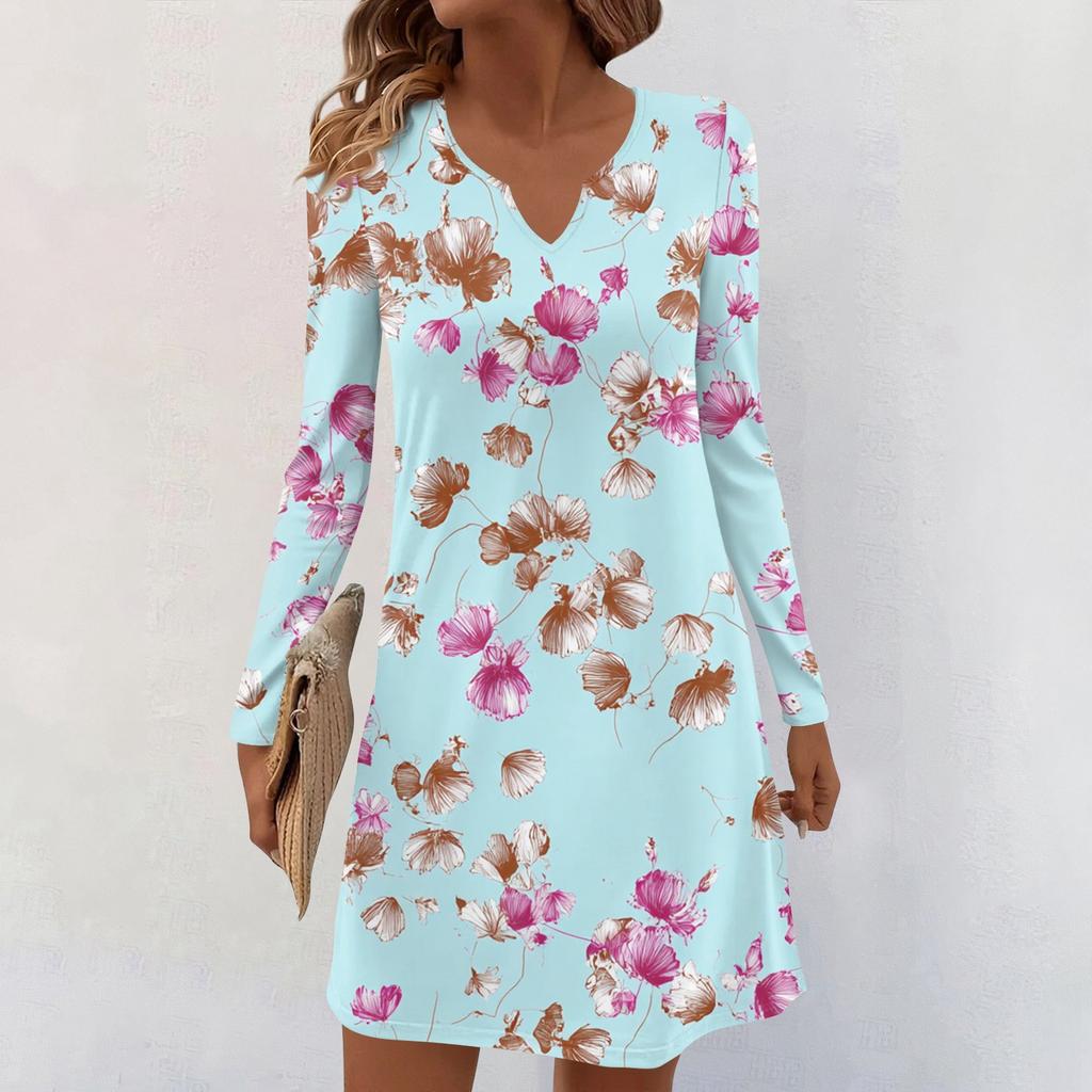 Women's Long-sleeved Casual Midi Dresses V-Neck Print Casual Dress