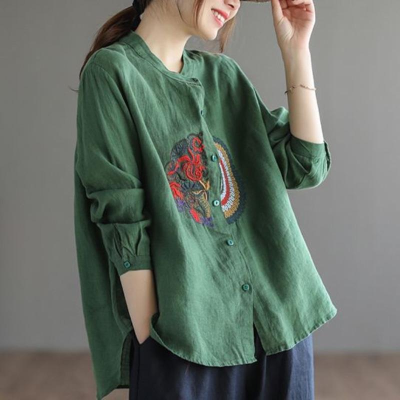 Женские винтажные рубашки на пуговицах с вышивкой, элегантные блузки из хлопка и льна со стойкой, повседневные топы оверсайз с длинным рукавом и неровным низом