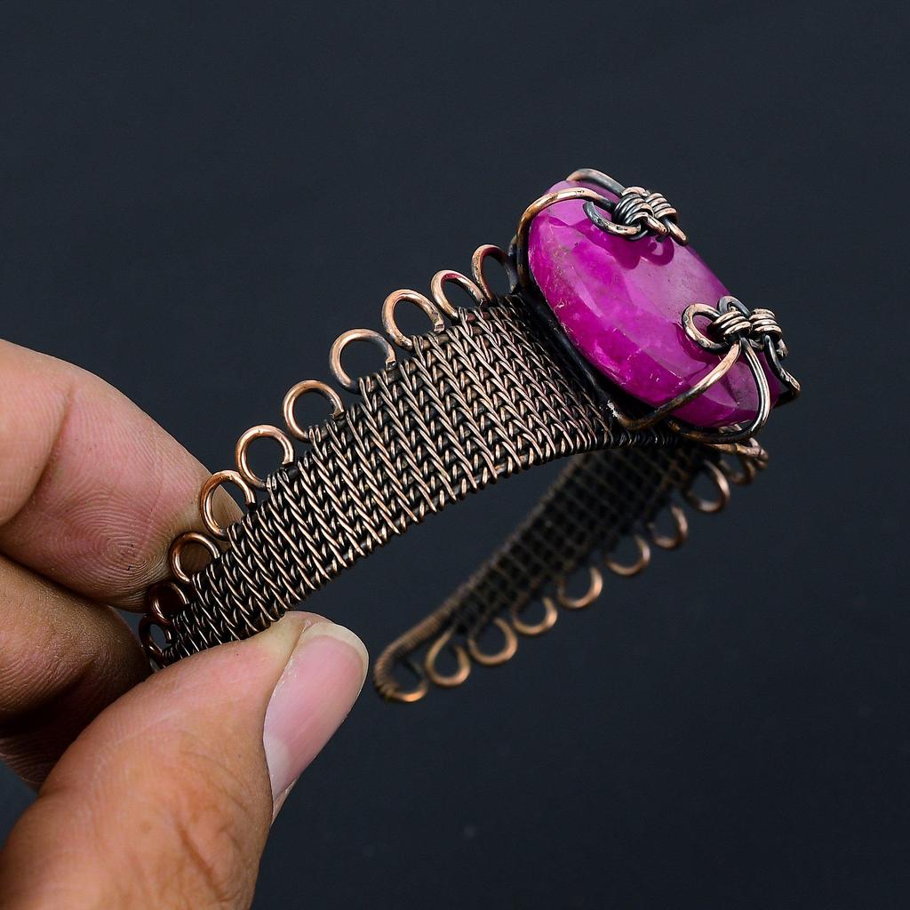 Amazing Red Ruby Gemstone Pure Copper Wire Wrapped Handmade Cuff/ Bangle Jewelry