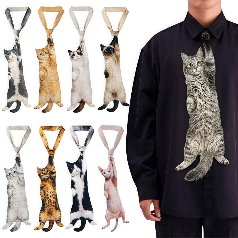 3D Кошка Кошачьей формы Унисекс Галстук Животный Рисунок Новинка Котёнок Галстук на шею Реалистичная Атласная Ткань Креативный Галстук на шею Для вечеринки Свадьбы