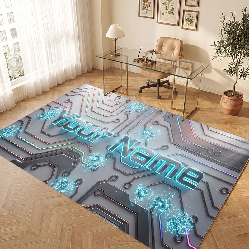 City Cyberpunk Theme Crystal Velvet Floor Rug Personalized Custom Name Text Warm Carpet Home Decoration