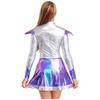 Womens Alien Astronaut Cosplay Dress Long Sleeve Flap Contrast Color Metallic Shiny A-line Space Warrior Dress
