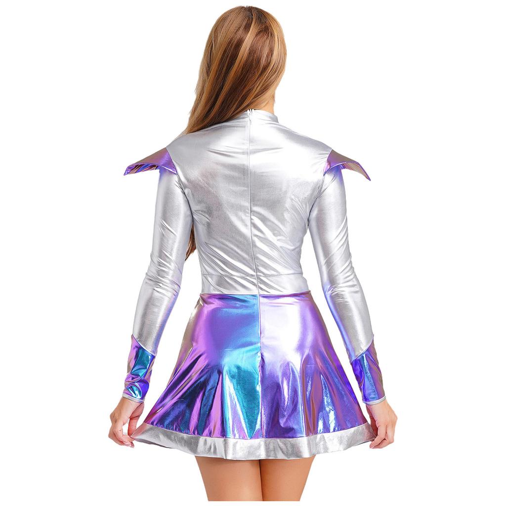 Womens Alien Astronaut Cosplay Dress Long Sleeve Flap Contrast Color Metallic Shiny A-line Space Warrior Dress