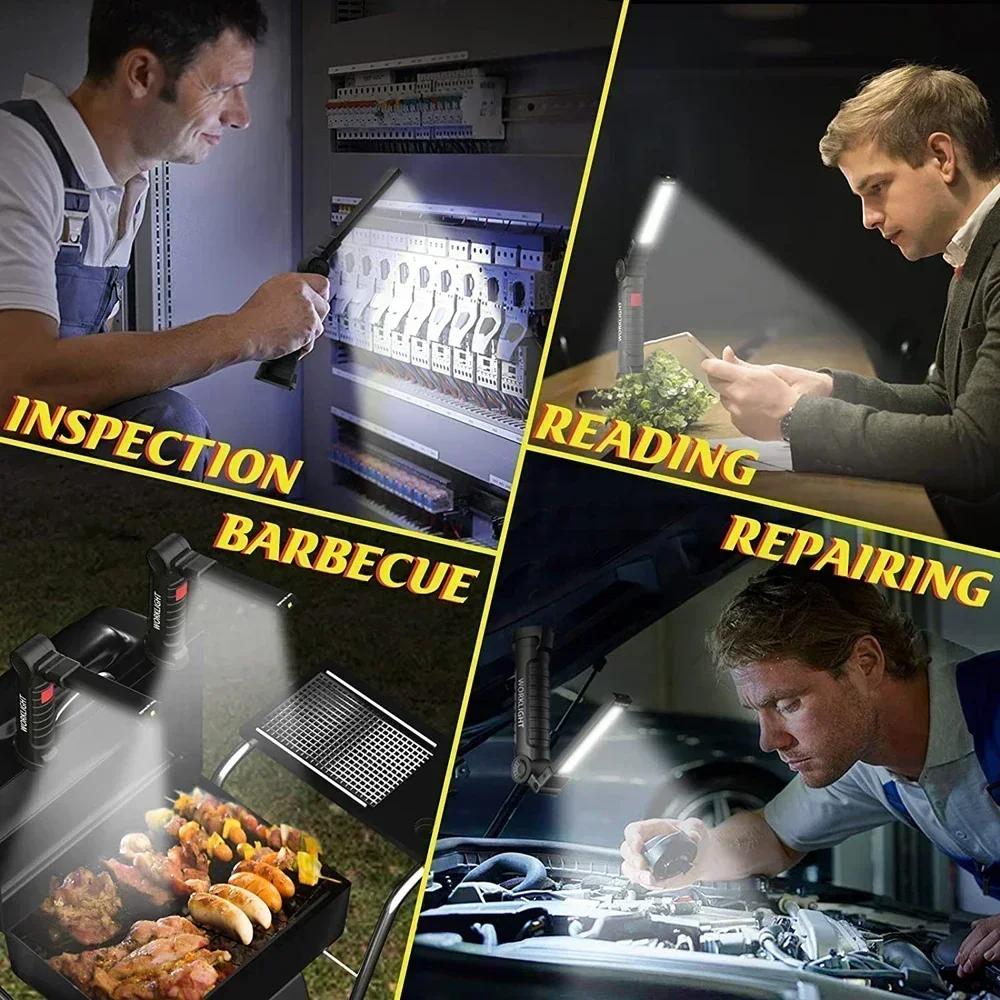 Portable COB LED Flashlight USB Rechargeable Foldable Car Repair Work Light Outdoor Camping Lighting Lantern Emergency Torch