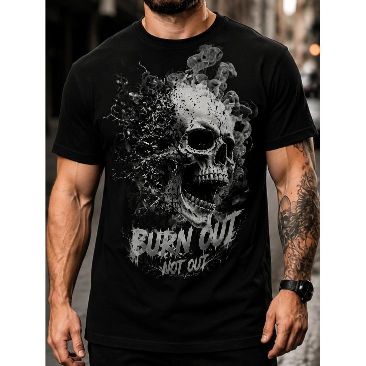 Мужская футболка с принтом курящего черепа и слоганом "Burn Out Not Out" (Выгорел, но не погас), с коротким рукавом и круглым вырезом, для уличного стиля