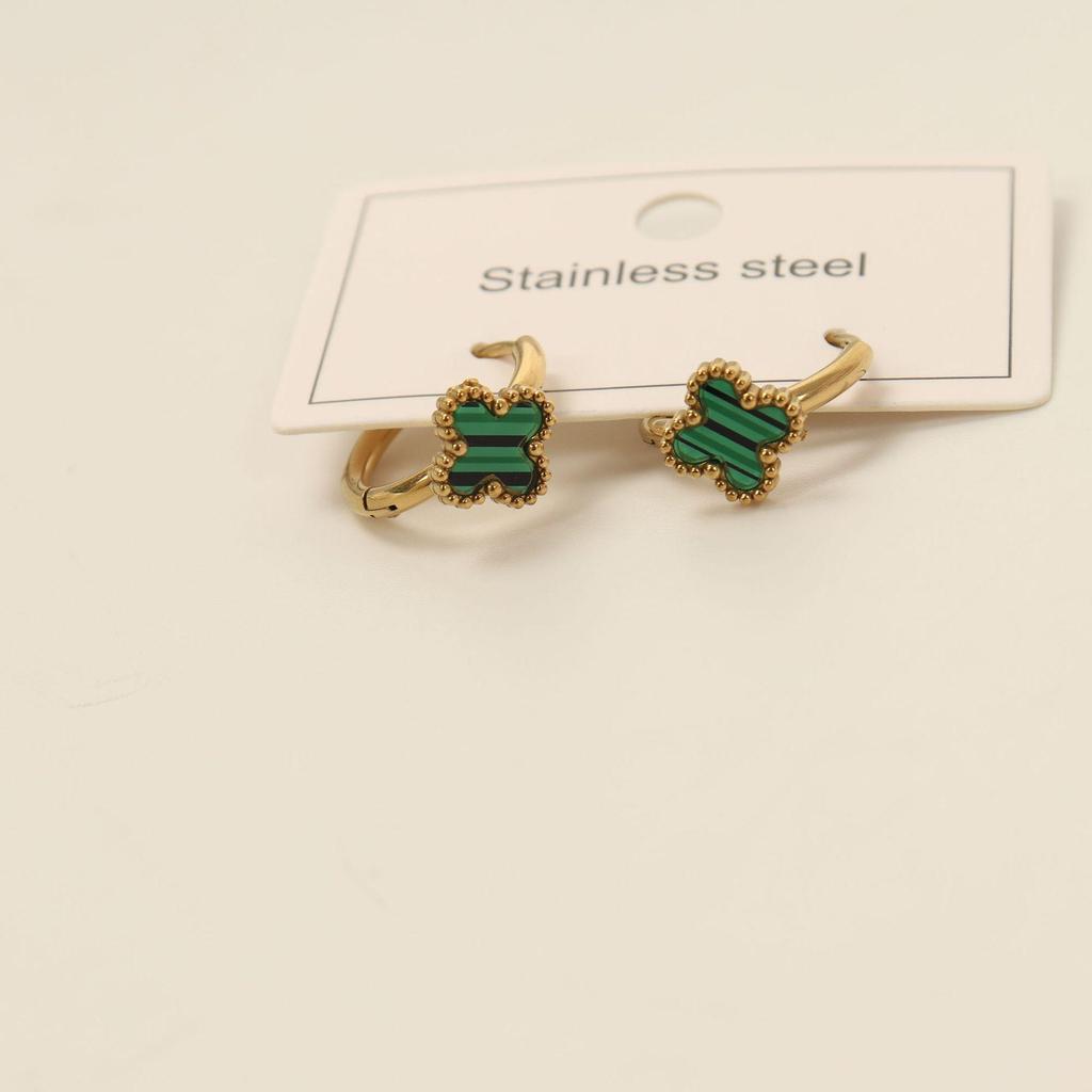 Серьги-гвоздики из титановой стали 18 карат в виде четырехлистного клевера с бабочками для женщин - Не тускнеющая ювелирная сталь