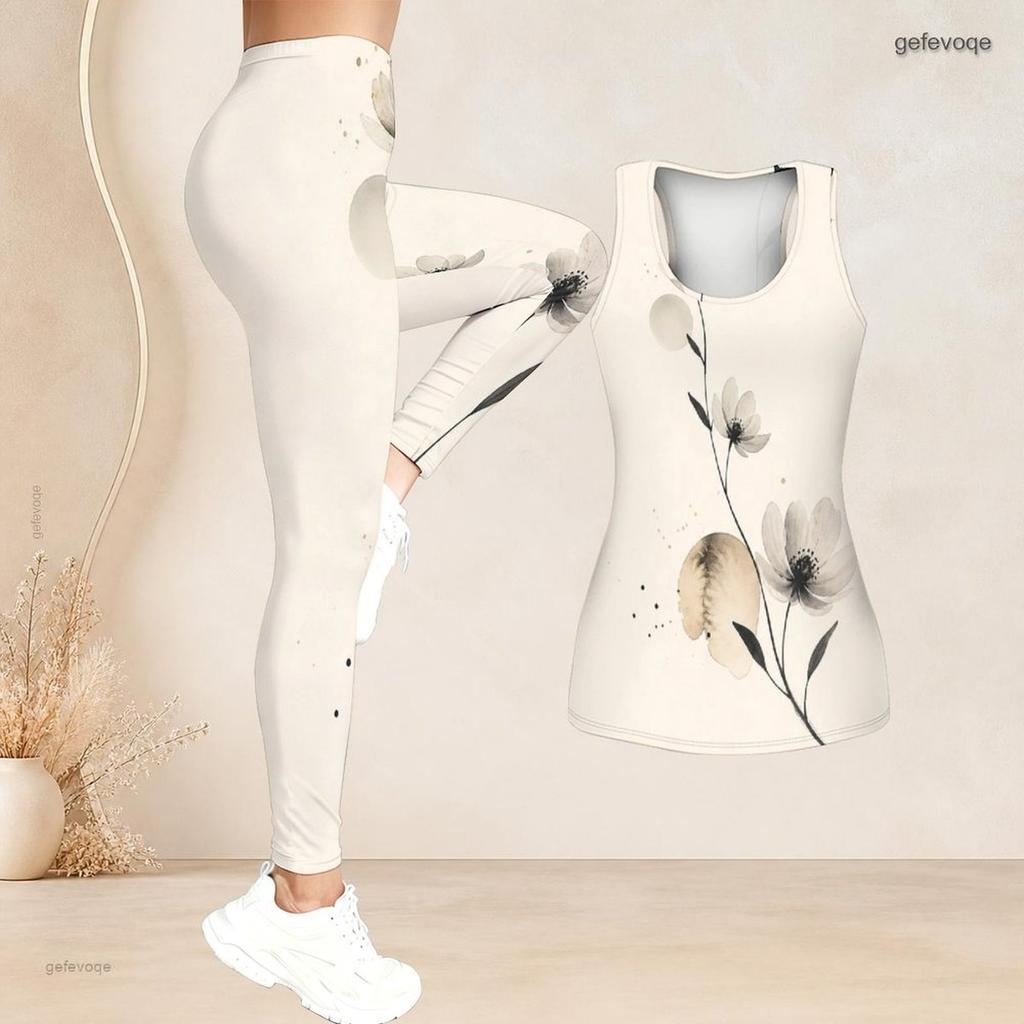 Women Plus Size Two Piece Set Scoop Neck Sleeveless Floral Printed Cream White Tank Top And Fitted Pants