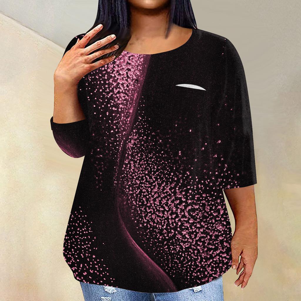 Women's Fashionable Casual Three Quarter Sleeve Printed Round Neck Pullover 4/3 Sleeve Top