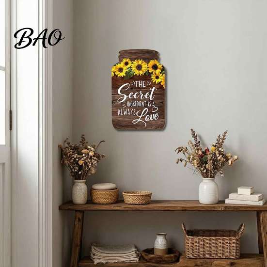 Artistic Wall Decor Panels Mason Jar Shape Decoration, Wooden Art with Sunflower Print, Farmhouse Home Decorations Retro Rustic Hanging for