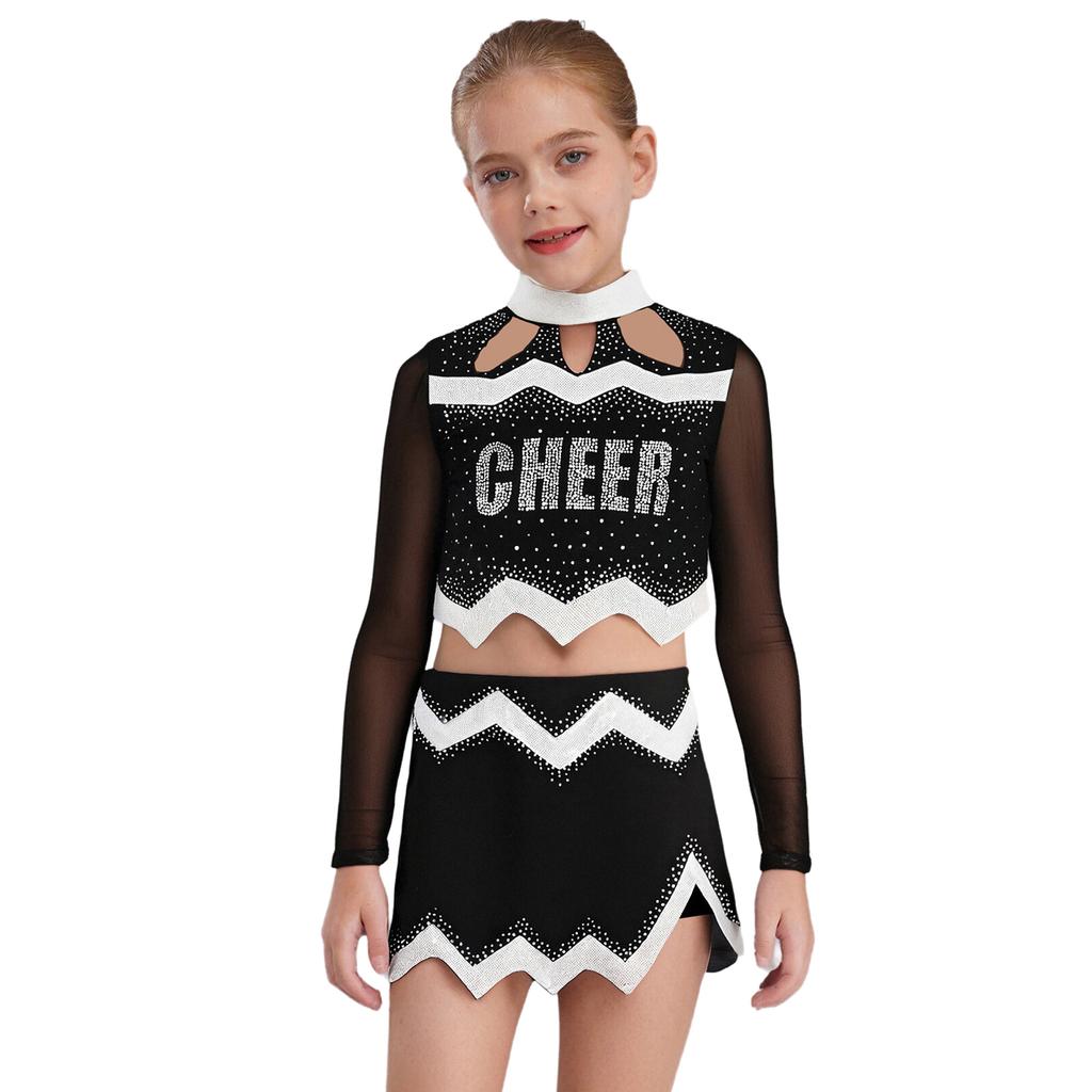 Girls Cheerleader Uniform Long Sleeve Crop Top Hollow Out Design Rhinestone Details Matching Dance Skirt Outfit