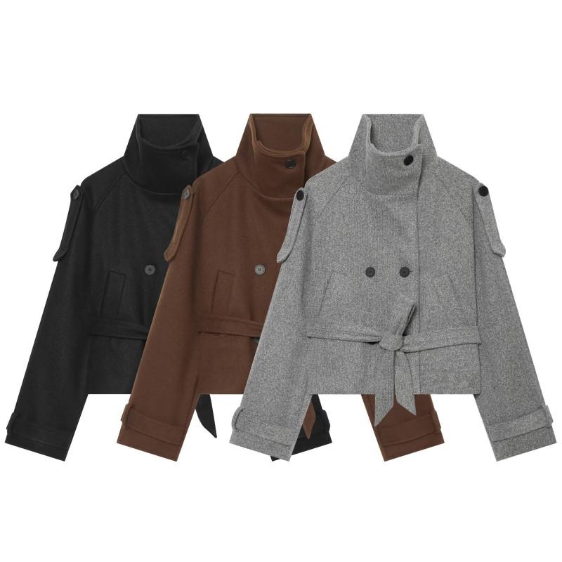 Womens Commute Style Stand Collar Double Breasted Short Coat Solid Color Loose Fit Long Sleeve Outerwear