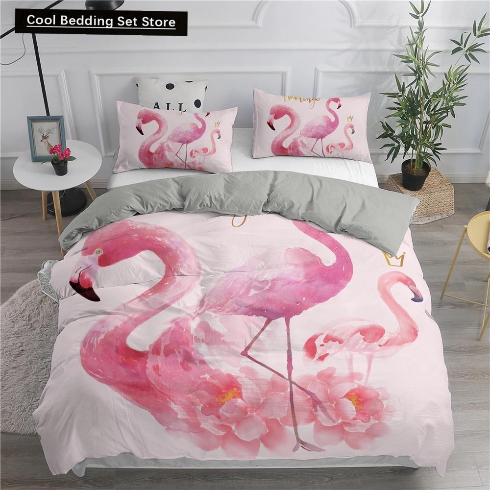 Комплект постельного белья с принтом 3D фламинго размера King Queen, розовый с изображением животных, пододеяльник с наволочками, 2/3 шт., полиэстер, пододеяльник