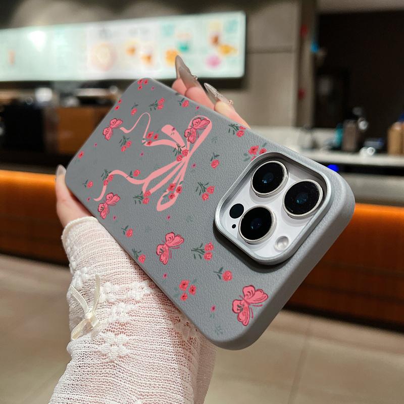 For iPhone 16 15 Pro Max 14 Pro 13 12 11 Case Bowknot Floral Print Slim TPU Leather Texture Soft Matte Shockproof Phone Cover