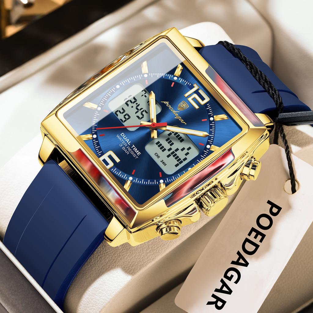 POEDAGAR Luxury Top Man Watch Electronic Square LED Alarm Chronograph Watches Week Date Dual Time Display Quartz Clock