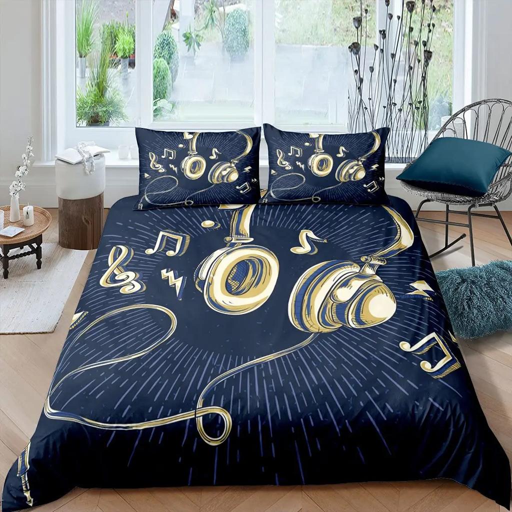 Пододеяльник с принтом наушников, музыкальный геометрический узор, пододеяльник для мальчиков и подростков, двуспальный, двуспальный, из полиэстера, стеганый чехол