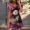 Летняя мода женские V-образный вырез короткий рукав кошачий узор печатных платьев сексуальные короткие юбки платья