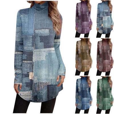 Водолазка на пуговицах для женщин, повседневная водолазка с длинным рукавом, модная рубашка с принтом, топы, футболка, пуловер на пуговицах