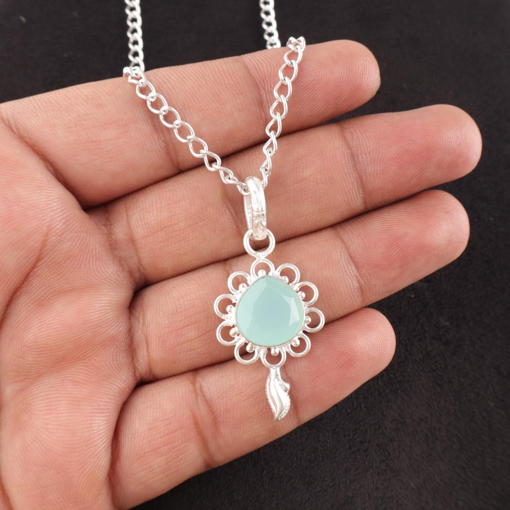 Горловая чакра Аква Халцедон Камень 925 Стерлинговое серебро Этническая Свадебная Подвеска PP-4-15