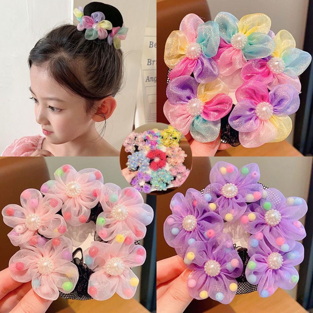 Mesh Flower Hair Net Rainbow Ballet Bun Snood Fashion Children Bun Net  Party