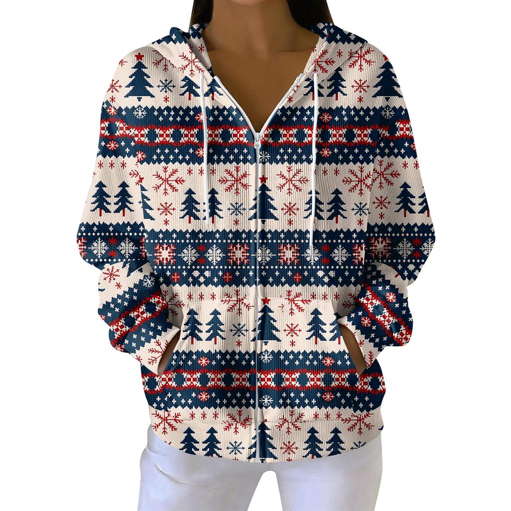 Женская повседневная модная вязаная толстовка с длинными рукавами и застежкой-молнией, с рождественским принтом