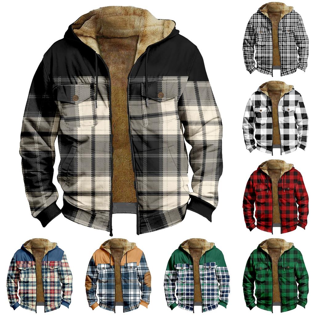 Men's Plaid Print Double Pocket Jacket Men's Spring And Autumn Casual Trend Zipper Hooded Jacket