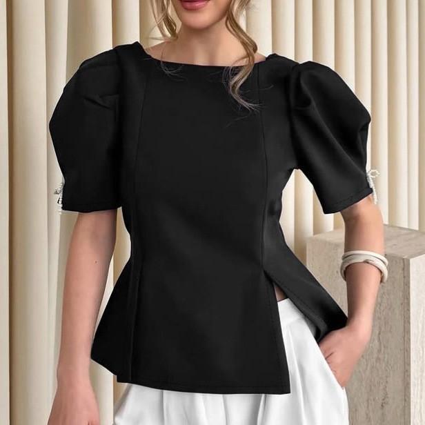Европейская красивая женщина Французский дизайн Бант Жемчуг Пузырчатые рукава Разрез на талии Темперамент Тонкая Круглый вырез Рубашка
