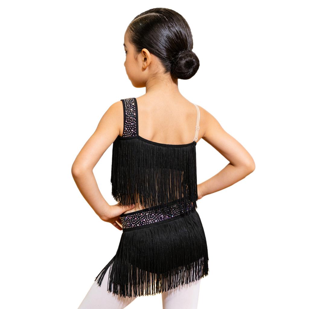 Girls Tassel Latin Dance Dress Asymmetrical Fringe Shiny Rhinestones Cutout Stage Performance Costume