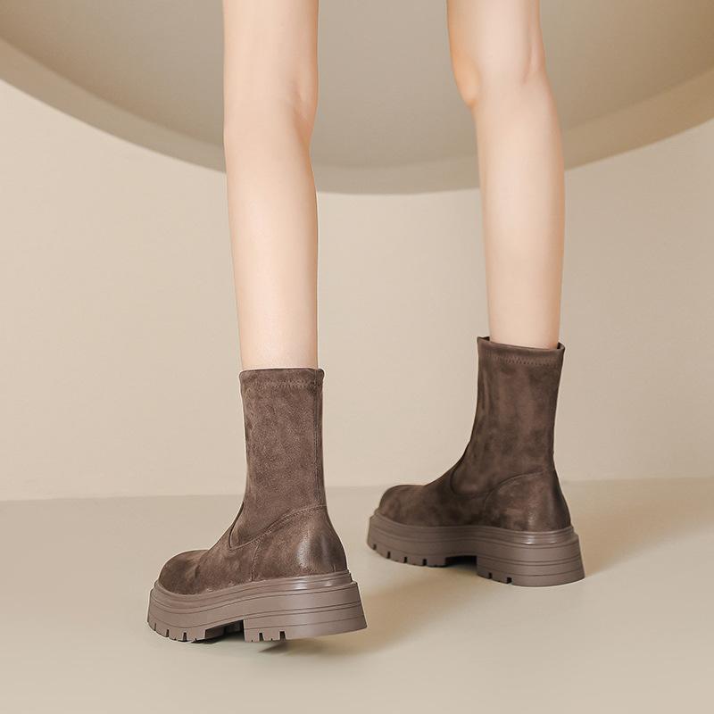 Цветные короткие ботинки женские осень и зима новые британский стиль ретро эластичные тонкие ботинки на толстой подошве короткие ботинки замшевые ботфорты