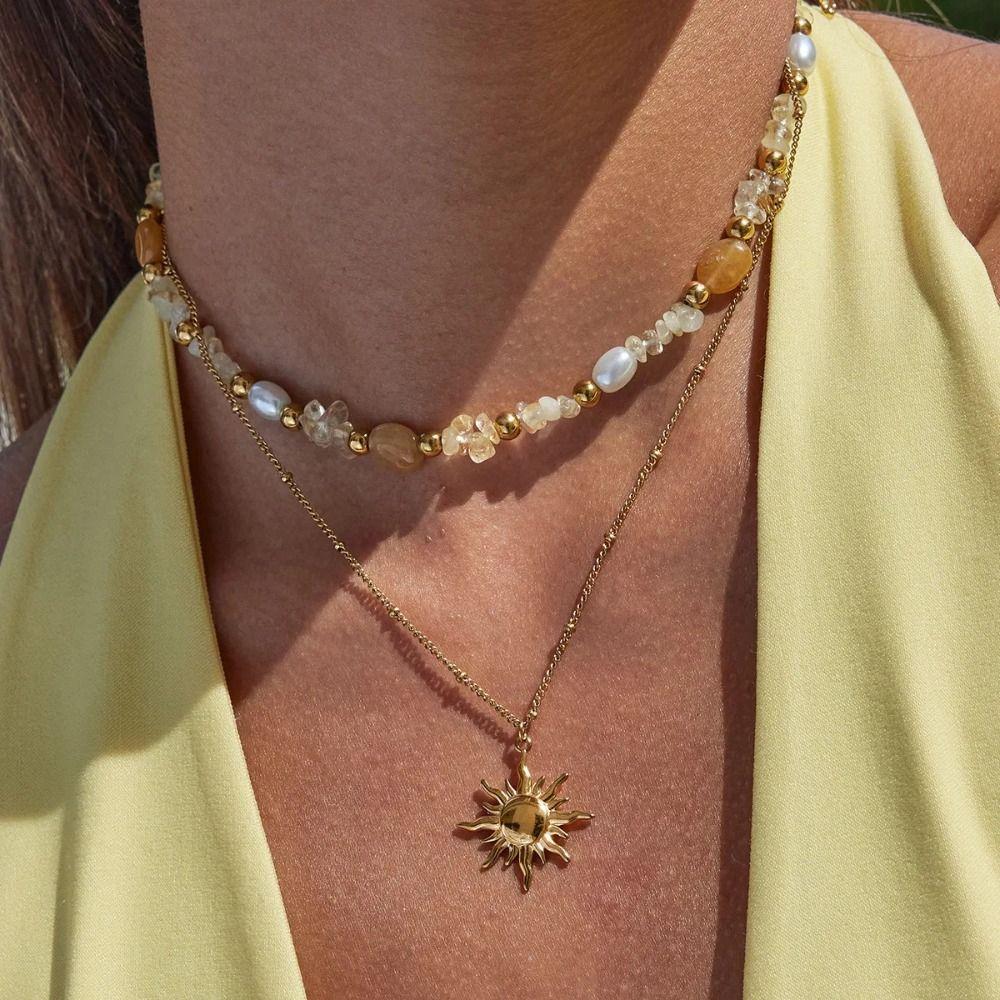 Bohemian 18K Gold Plated Necklace Stainless Steel Double Stacked Neck Chain Sun Pendant Beach