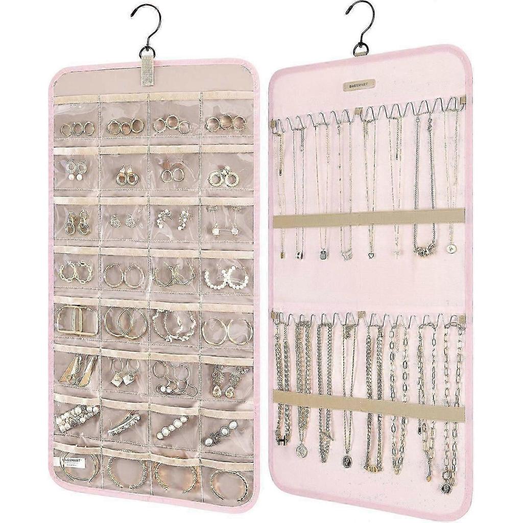 Double-sided Jewelry Storage Box for Earrings, Necklaces, Can Be Hung On Wardrobes, Walls, Doors, 1 Piece, Pink less