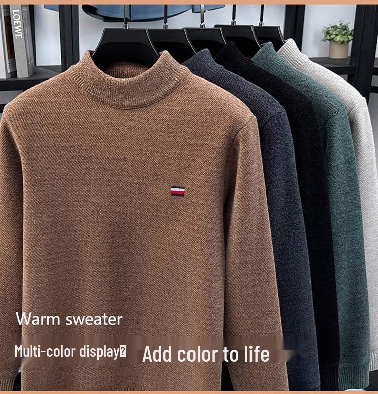 Men's Fleece-Lined Knit Sweater with Half-High Collar and Integrated Fleece Inner Warm Top