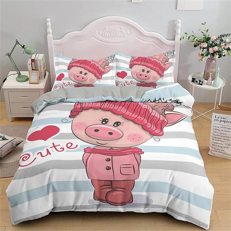 Premium Pink Pig Comforter Cover Cartoon Pig Pattern Bedding Kawaii Animal Sweetheart Floral Print Duvet Cover Children Boys Room Decor
